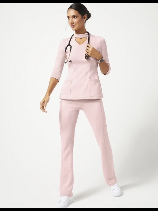 Jaanuu Other - NWT Jaanuu Ponte Collection Blush Pink Choker Neck Scrub Set Flare Pants Women’s